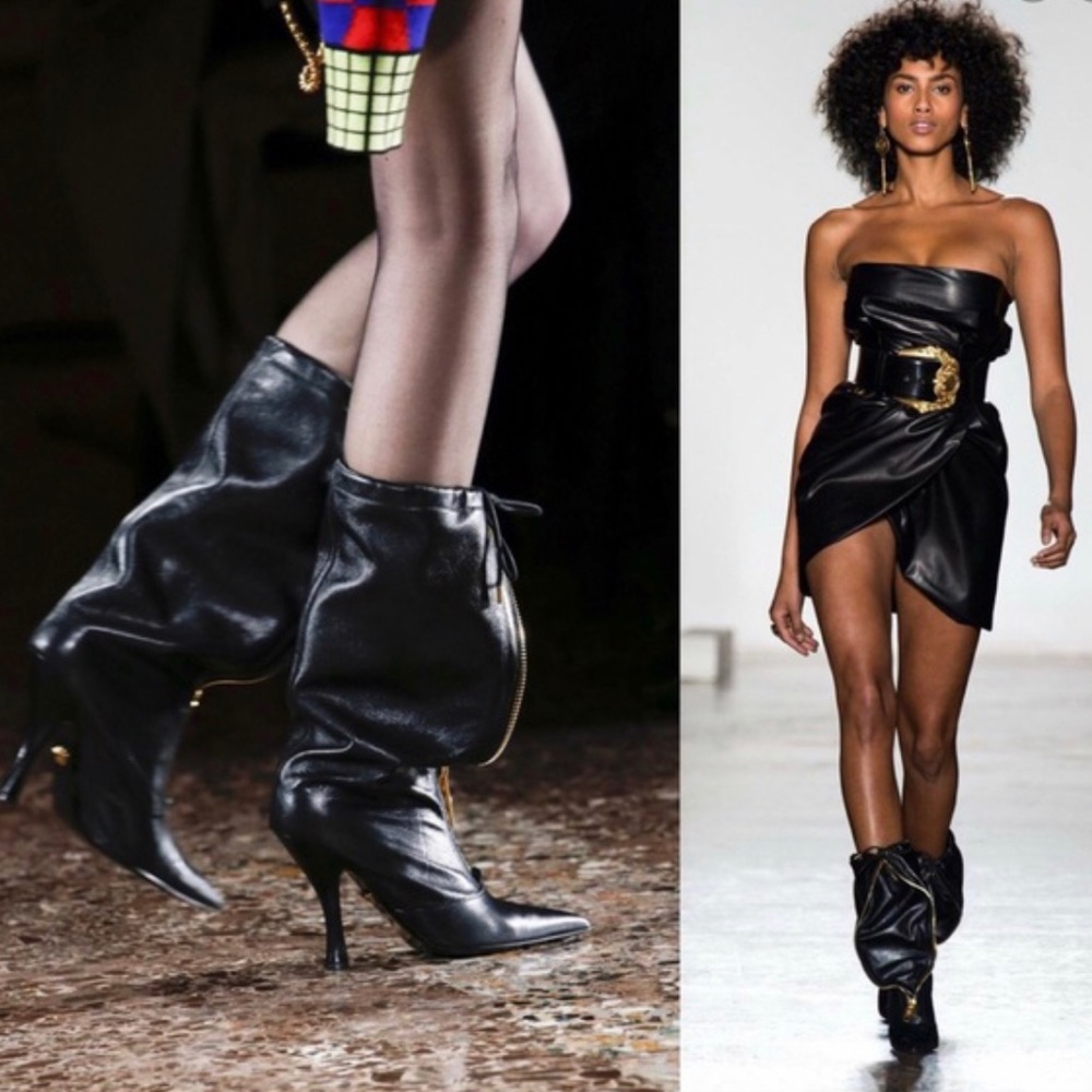 Versace Black Leather Zip-Front 105mm Drawstring Heel Runway Boots NIB